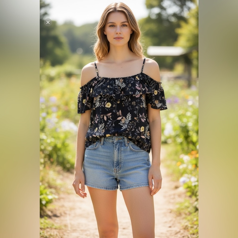 Amour Vert 100% Silk Blue Floral Top Cold Shoulder Cottagecore Fairy S